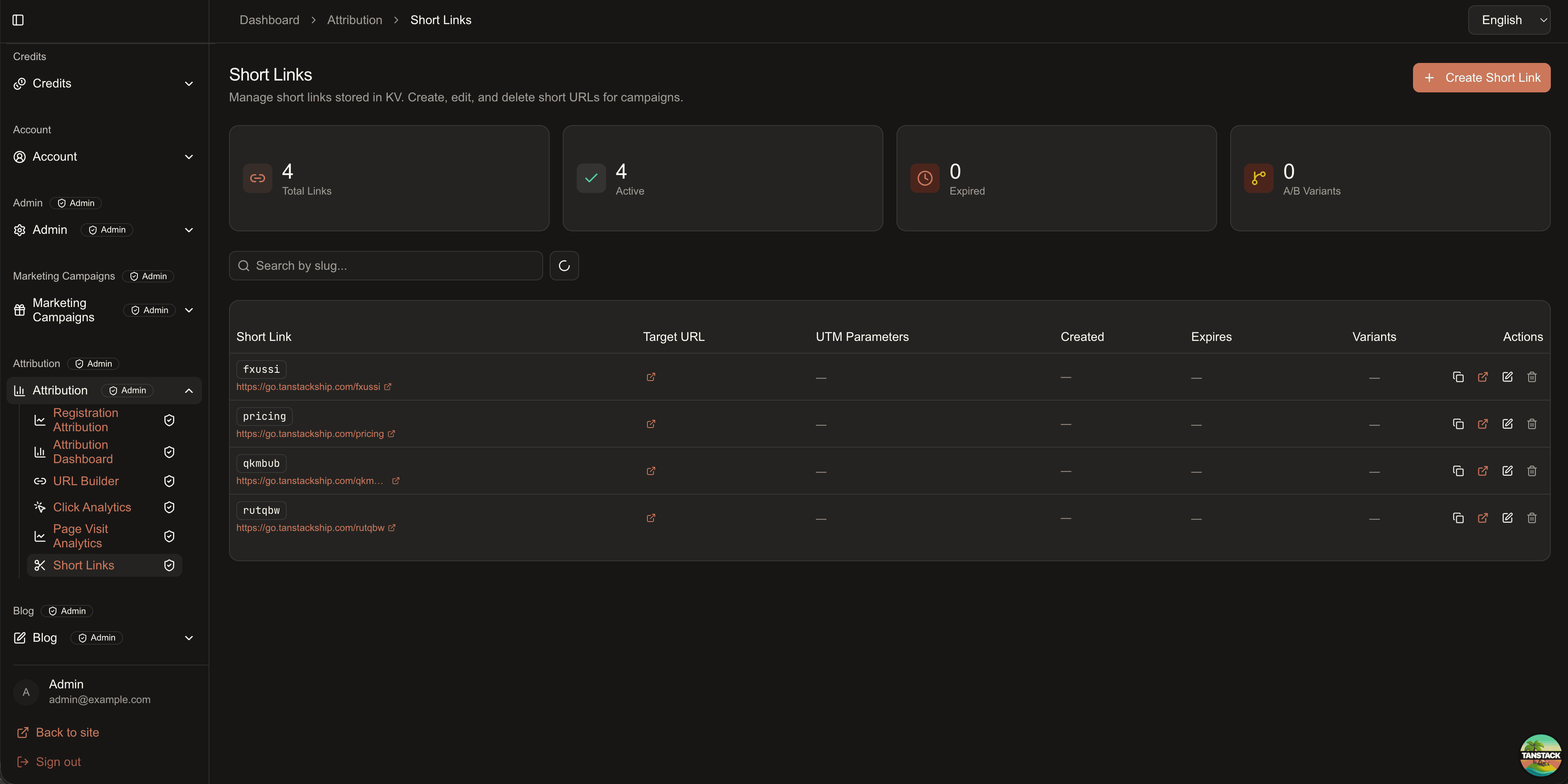 Short links dashboard screenshot
